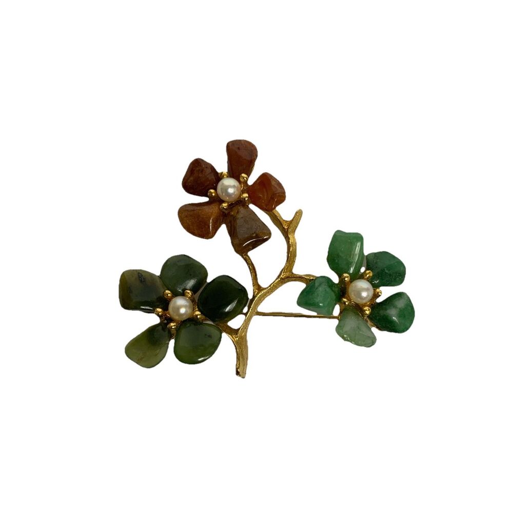 Vintage‎ Swoboda Floral Cluster Brooch Green Pink Jade Pearls Signed Whimsical